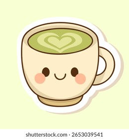 A kawaii-style matcha latte in a cozy teacup with a heart-shaped design in the foam. Perfect for digital stickers, cozy journaling, or projects themed around love and tea.