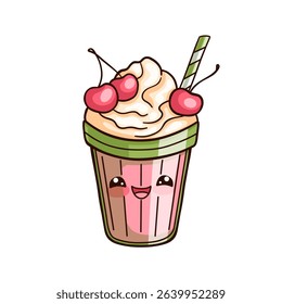 A kawaii-style milkshake with a cute smiling face and striped green straw. It’s topped with whipped cream and several cherries. Cartoon vector illustration on white background. Good for kids patterns,