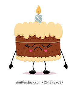 A kawaii-style sad cake with a birthday candle, expressing a cute sad face with pink blush and a soft appearance.