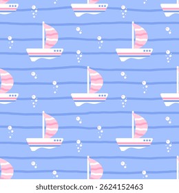 Kawaii-style Seamless pattern with cute boats and nautical elements in pastel colors. Ideal for children fabrics, wallpapers, and travel-themed designs