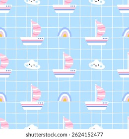 Kawaii-style Seamless pattern with cute boats and nautical elements in pastel colors. Ideal for children fabrics, wallpapers, and travel-themed designs