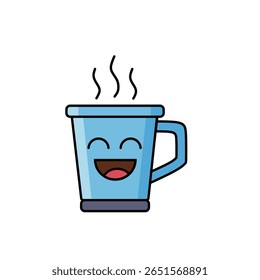 Kawaii-style steaming blue mug with a happy, laughing face. Perfect for hot beverages, cozy themes, or cheerful designs.