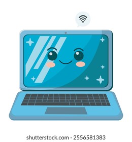 A kawaii-style vector illustration of a cute blue laptop with a smiling face on the screen and a Wi-Fi symbol, perfect for tech, education, or communication themes.