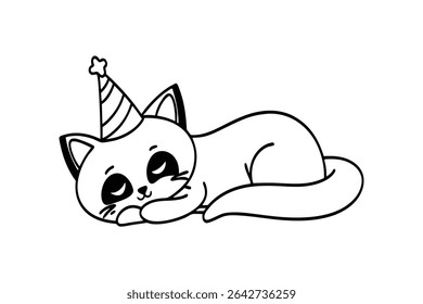 Kawaii-style vector illustration of a cute cartoon cat wearing a party hat, peacefully sleeping to celebrate International Cat Day on a white background.