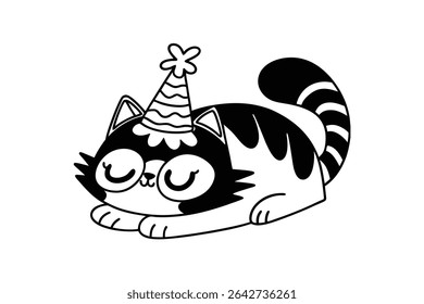 Kawaii-style vector illustration of a cute cartoon cat wearing a party hat, peacefully sleeping to celebrate International Cat Day on a white background.