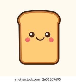 A kawaii-style vector illustration of a smiling toast bread character. Cute breakfast clipart in pastel tones, perfect for stickers and kids products.