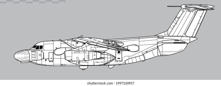 Dibujo de vectores de aviones de transporte militar. Vista lateral. Imagen para ilustraciones e infografías.