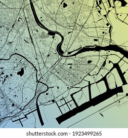 Kawasaki, Kanagawa, Japan (JPN) - Urban vector city map with parks, rail and roads, highways, minimalist town plan design poster, city center, downtown, transit network, gradient blueprint