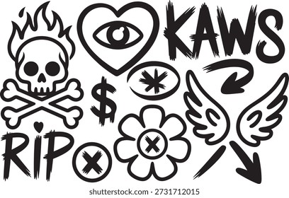 Kaws inspirou o design gráfico monocromático com um crânio, ossos cruzados, coração com olho, cifrão e asas, mostrando elementos de estilo de arte de rua.