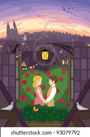 Kay and Gerda, from the “Snow Queen” fairy tale, holding hands in their little garden at the rooftop. 