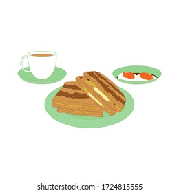 Kaya Toast isolated on white background. Traditional Singapore Breakfast. Cartoon hand drawn Singaporean food and Asian food. Great for menu, icon, logo design.