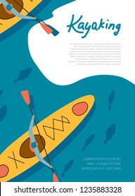 Kayaing poster. River raft, canoe sport template vector illustration in hand drawn flat style.