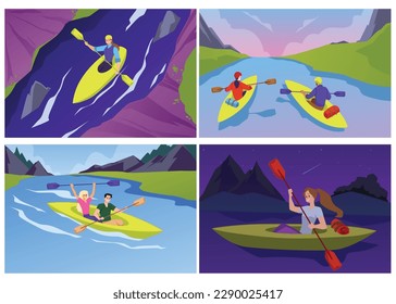 Kayak adventure banners and cards with tourists kayaking or canoeing on the river, flat cartoon vector illustration. Backgrounds collection for kayaking sport.