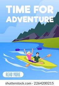 Kayak adventure and tourism activity banner design, flat vector illustration. Kayaking and river rafting advertising banner or poster for sport or pastime of traveling.