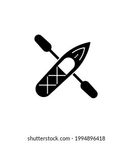 Kayak boat or canoe with a paddle solid black icon. Summer sport badge. Active lifestyle or vacation. Isolated symbol sign for: illustration, outline, logo, design, web, dev, ui, gui. Vector EPS 10
