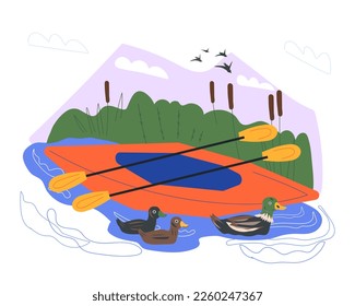 Kayak boat for kayaking outdoor water activities and sports on the river. Kayak or canoe at river landscape backdrop, flat vector illustration isolated on white background.
