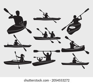 Kayak Boat and Man Printable Vector Illustration. Set of silhouettes of people swimming in a canoe.	
