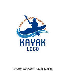 Kayak boat paddle pedal, silhouette of river stream kayaker logo design