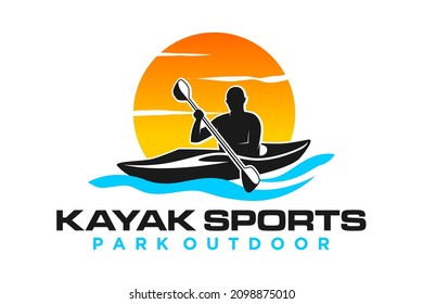 Kayak boat paddle pedal, silhouette of river stream kayaker logo design