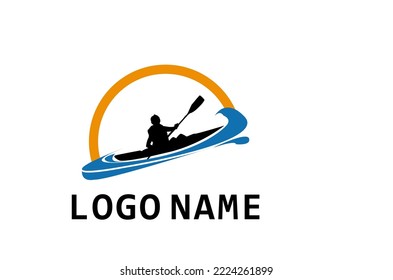 Kayak boat paddle pedal, silhouette of river stream kayaker logo design