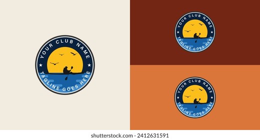 The Kayak boat paddle pedal, the silhouette of a river stream kayaker logo design, is presented with multiple background colors. The logo is suitable for the water sports activity logo design template