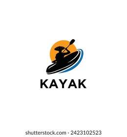 Kayak boat paddle pedal, silhouette of river stream kayaker logo design