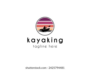 Kayak boat paddle pedal, silhouette of river stream kayaker logo design	
