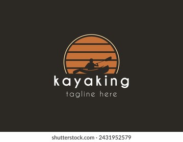 Kayak boat paddle pedal, silhouette of river stream kayaker logo design