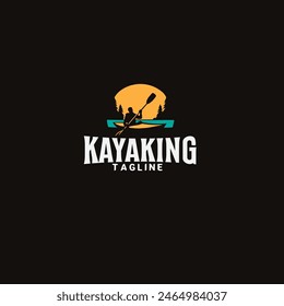 kayak boat paddle pedal, silhouette of river stream kayaker logo design vector