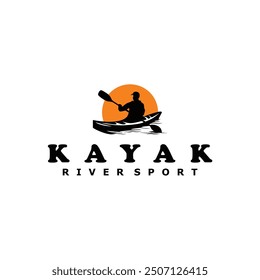 Kayak boat paddle pedal, silhouette of river stream kayaker logo design