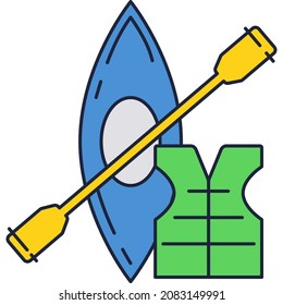 Kayak boat, paddle and safety lifejacket vector icon isolated on white. Sports accessory and equipment. Kayaking extreme recreation club logo