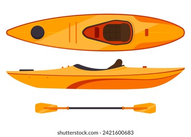 Kayak boat and paddle vector cartoon set isolated on a white background.
