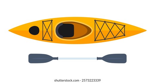 Kayak boat with paddles, top view. Orange Canoe. Raft for rafting on water. Sport rowing.