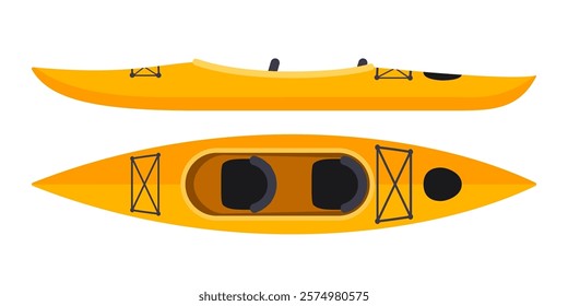 Kayak boat with paddles, top view. Orange Canoe. Raft for rafting on water. Sport rowing.