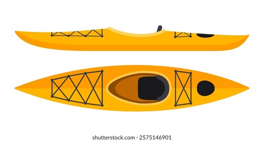 Kayak boat with paddles, top view. Orange Canoe. Raft for rafting on water. Sport rowing.