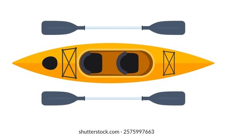 Kayak boat with paddles, top view. Orange Canoe. Raft for rafting on water. Sport rowing.