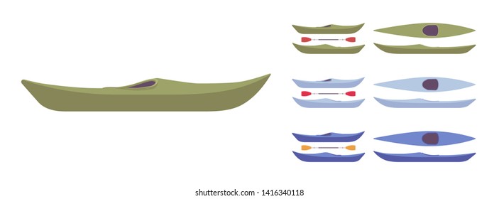Kayak boat set. Recreational and fishing paddling, relaxing on water, equipment for river adventure. Vector flat style cartoon illustration isolated on white background, different views and color