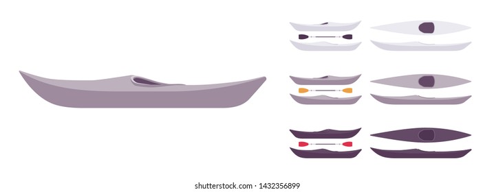 Kayak boat set. Recreational and fishing paddling, relaxing on water, equipment for river adventure. Vector flat style cartoon illustration isolated on white background, different views and color