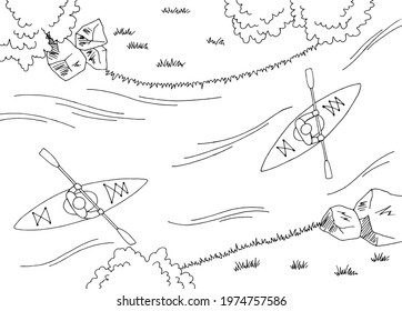 Kayak boat travel graphic black white river top aerial view landscape sketch illustration vector