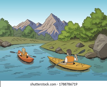 Kayak boat travel graphic color river landscape sketch illustration vector