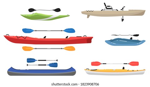 Kayak Boat. Vector Water Sport Transport Vessel And Equipment. Rafting, Rowing Kayaking, Paddling And Canoeing Boat With Paddle Isolated Set On White. Kayak Or Canoe Symbol Illustration