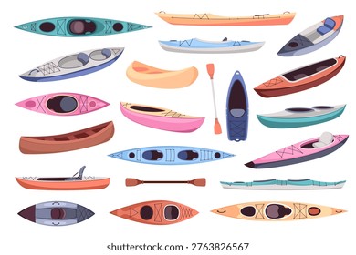 Kayak boats. Different types water transport for rafting, racing competitions, inflatable, wooden, plastic canoe with oars, outdoor recreation equipment tidy vector cartoon flat style isolated set