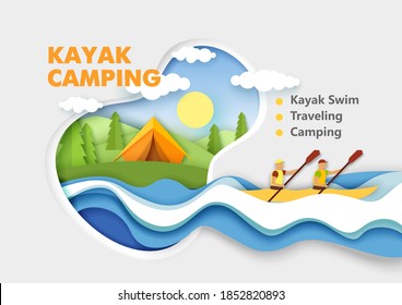 Kayak camping. Paper cut male characters paddling using oars in kayak boat, tent on river bank, forest landscape. Vector illustration in paper art style. Traveling, camping, summer outdoor activities.
