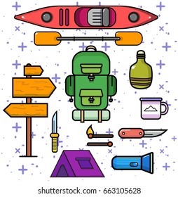 Kayak camping set of equipment. Created with black strokes in outline style and bright colors.