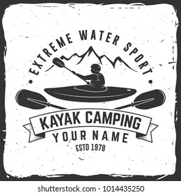 Kayak camping. Vector illustration. Concept for shirt, print, stamp or tee. Vintage typography design with mountain and kayaker silhouette. Extreme water sport.