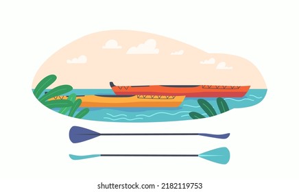 Kayak or Canoe Boats with Paddles for Rafting, Canoeing, Boating or Kayaking Sports and Extreme Activities. Boats on Water Pond, River, Sea or Lake, Rowing Competition. Cartoon Vector illustration