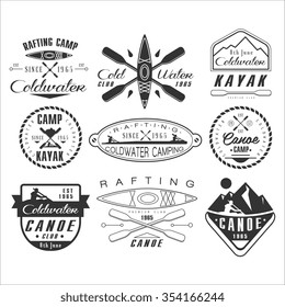 Kayak and canoe emblems, badges and design elements vector set