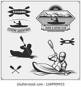 Kayak and canoe emblems, labels, badges and design elements. Vector set illustration. Print design for t-shirts.