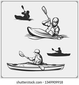 Kayak and canoe emblems, labels, badges and design elements. Vector set illustration. Print design for t-shirts.