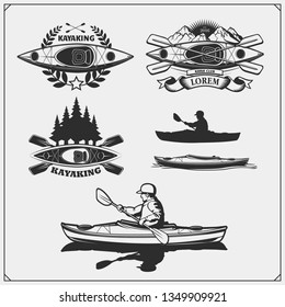 Kayak and canoe emblems, labels, badges and design elements. Vector set illustration. Print design for t-shirts.